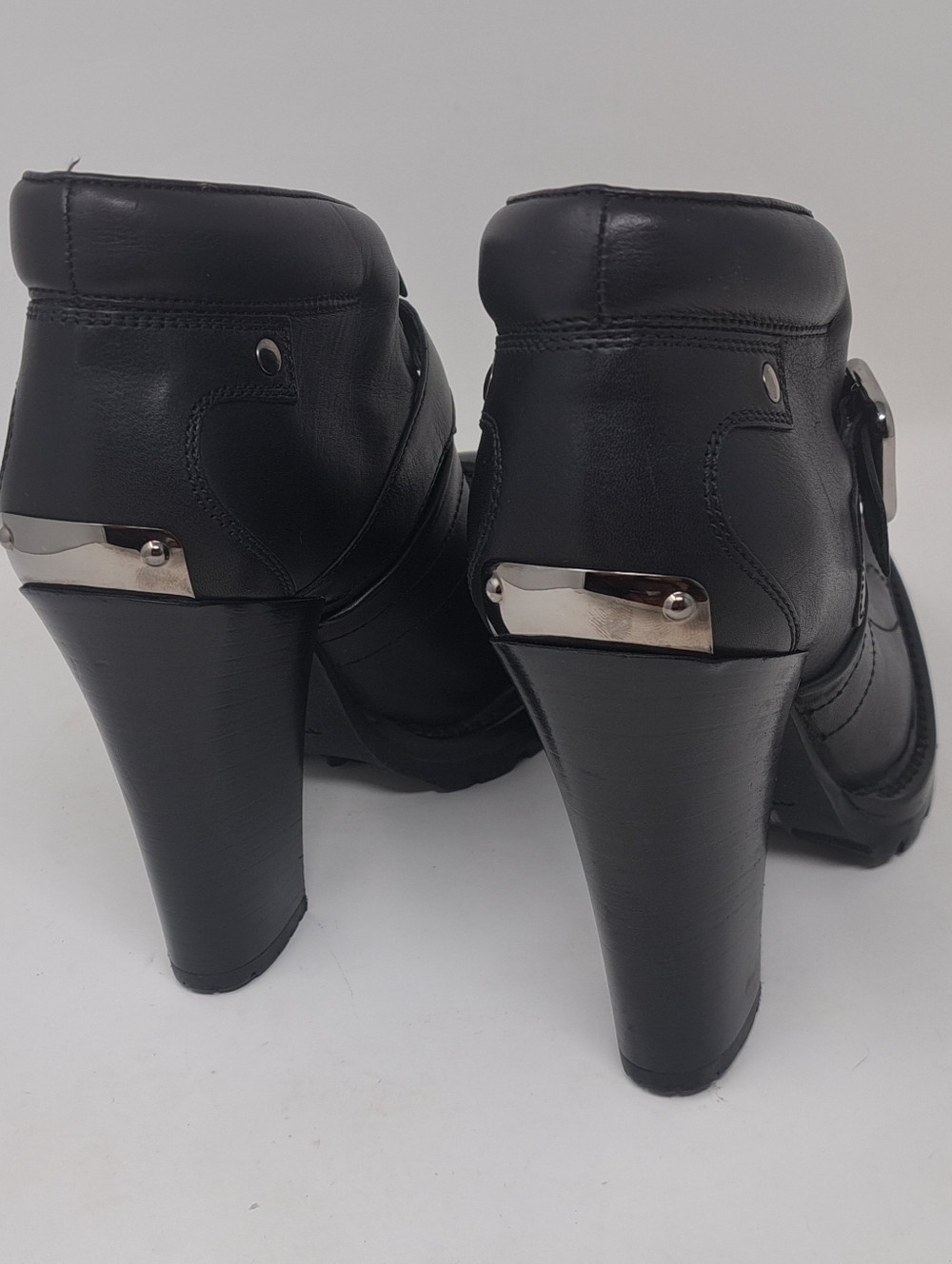 Miu Miu Ankle Combat Boots Moto Black Leather Steel Buckle Block Heels 35.5 IT - Picture 6 of 16